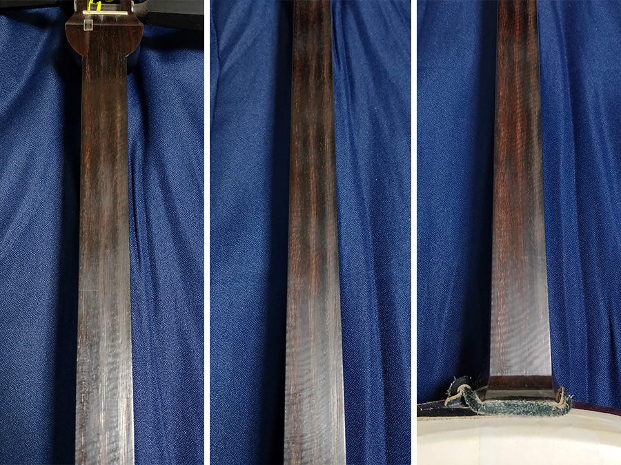 カンベリ（勘減り）の跡がついた津軽三味線の棹