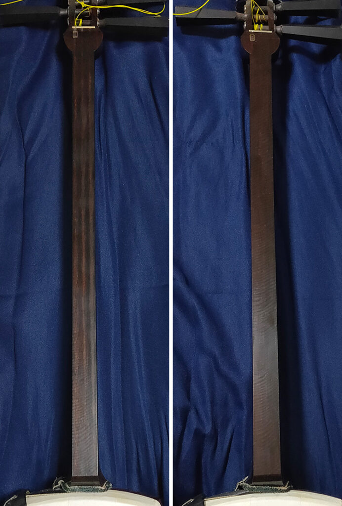 カンベリ直し（上場通し）をした津軽三味線の棹のビフォーアフター