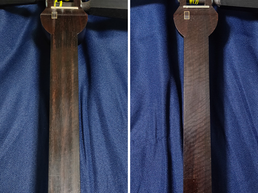 カンベリ直し（上場通し）をした津軽三味線の棹のビフォーアフター