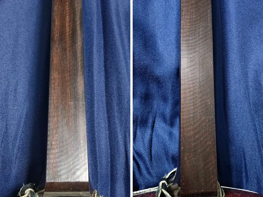 カンベリ直し（上場通し）をする前と後の津軽三味線の棹